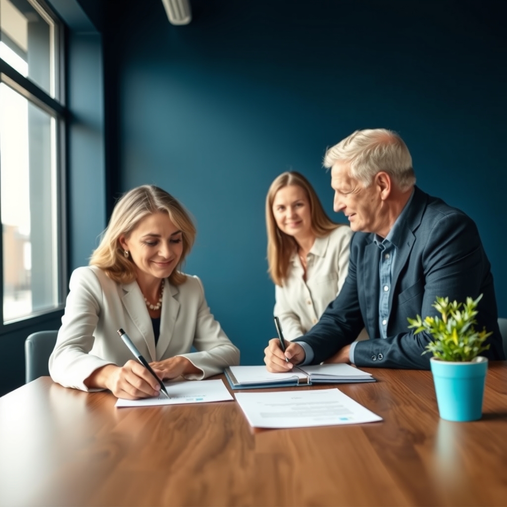 Family signing a documented loan agreement with an adviser